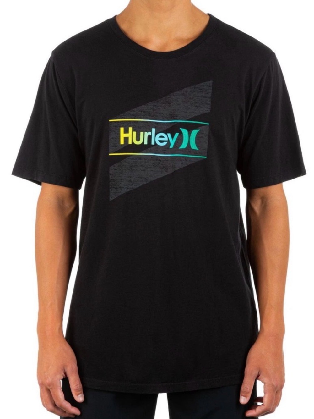 Hurley Black Short-Sleeve Logo Tee with Yellow & Teal Accent